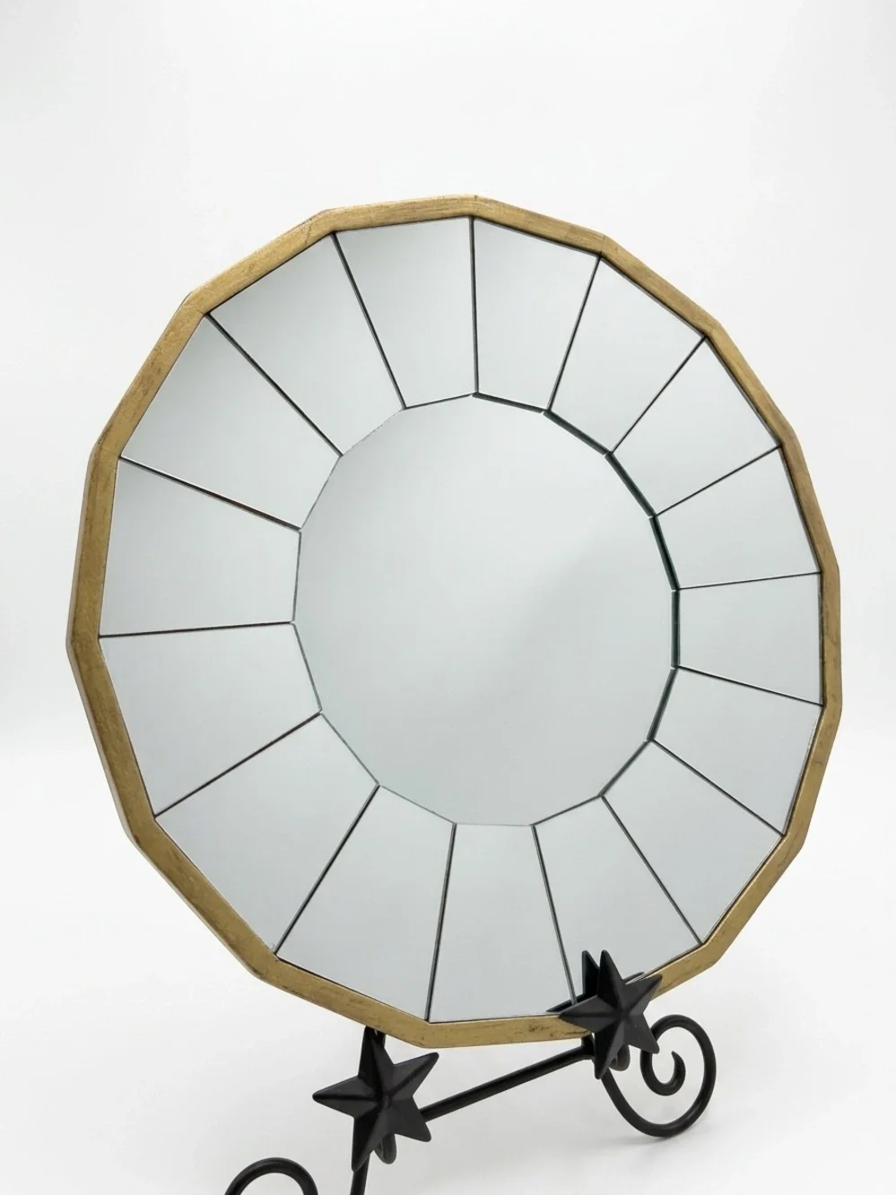 Modern Segmented Round Wall Mirror with Elegant Gold and Brown Tone Frame